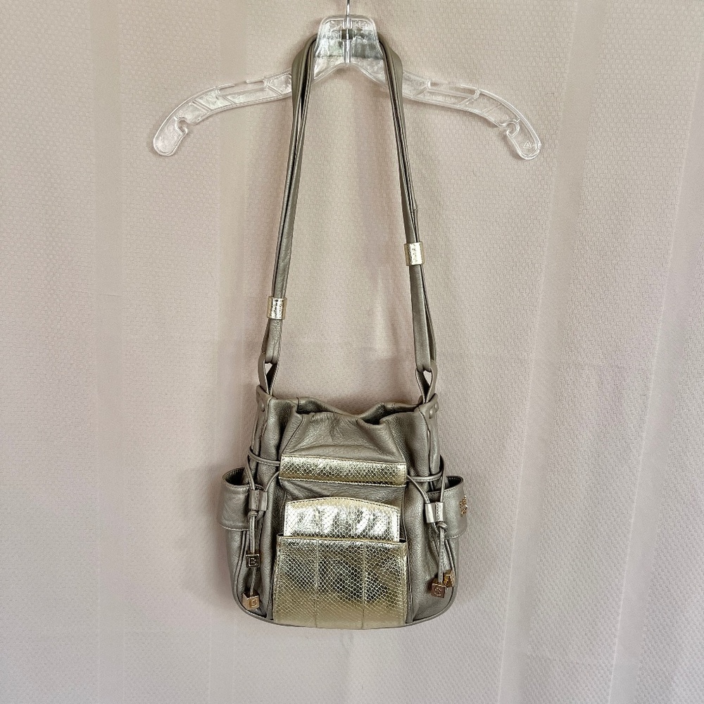 SEE BY CHLOE Metallic Taupe Leather Gold Snake Details Logo Shoulder Bag